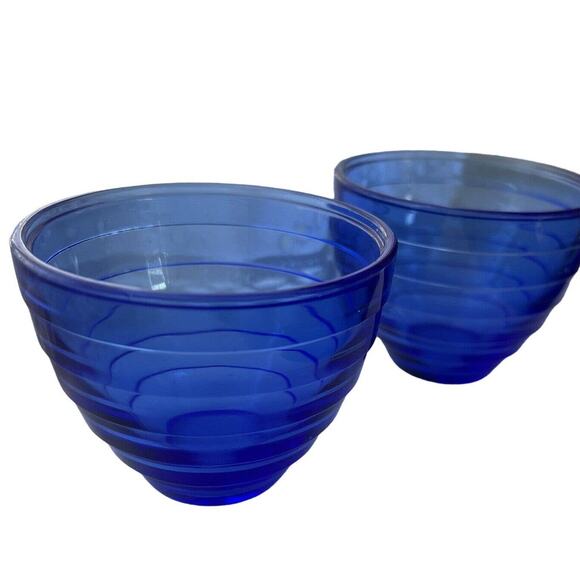 2 Hazel Atlas Cobalt Blue Glass Custard Dish Cups Bowls Ribbed Striped 3" - Picture 1 of 5